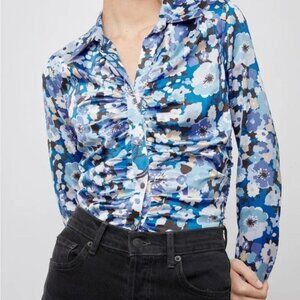 Rails NEW Lisa Blue Zinnia Floral Ruched Button Up Blouse Top Shirt Long Sleeve